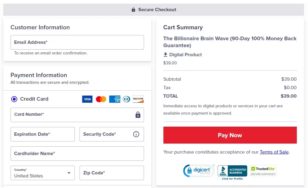 Billionaire Brain Wave secure ClickBank checkout checkout order form